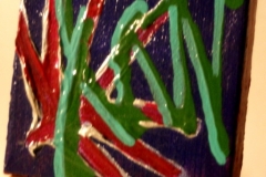 JungleGroove	00.10.2011	7 x 7 cm	Acryl + Abtönfarbe + Varnish auf Leinwand +  Staffel