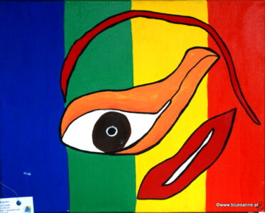 Flying Sin 21.07.2006 50 x 40 cm Acryl + Gouache auf Leinwand Auge Mund Schnabel blau grün gelb rot Leinwand Acryl